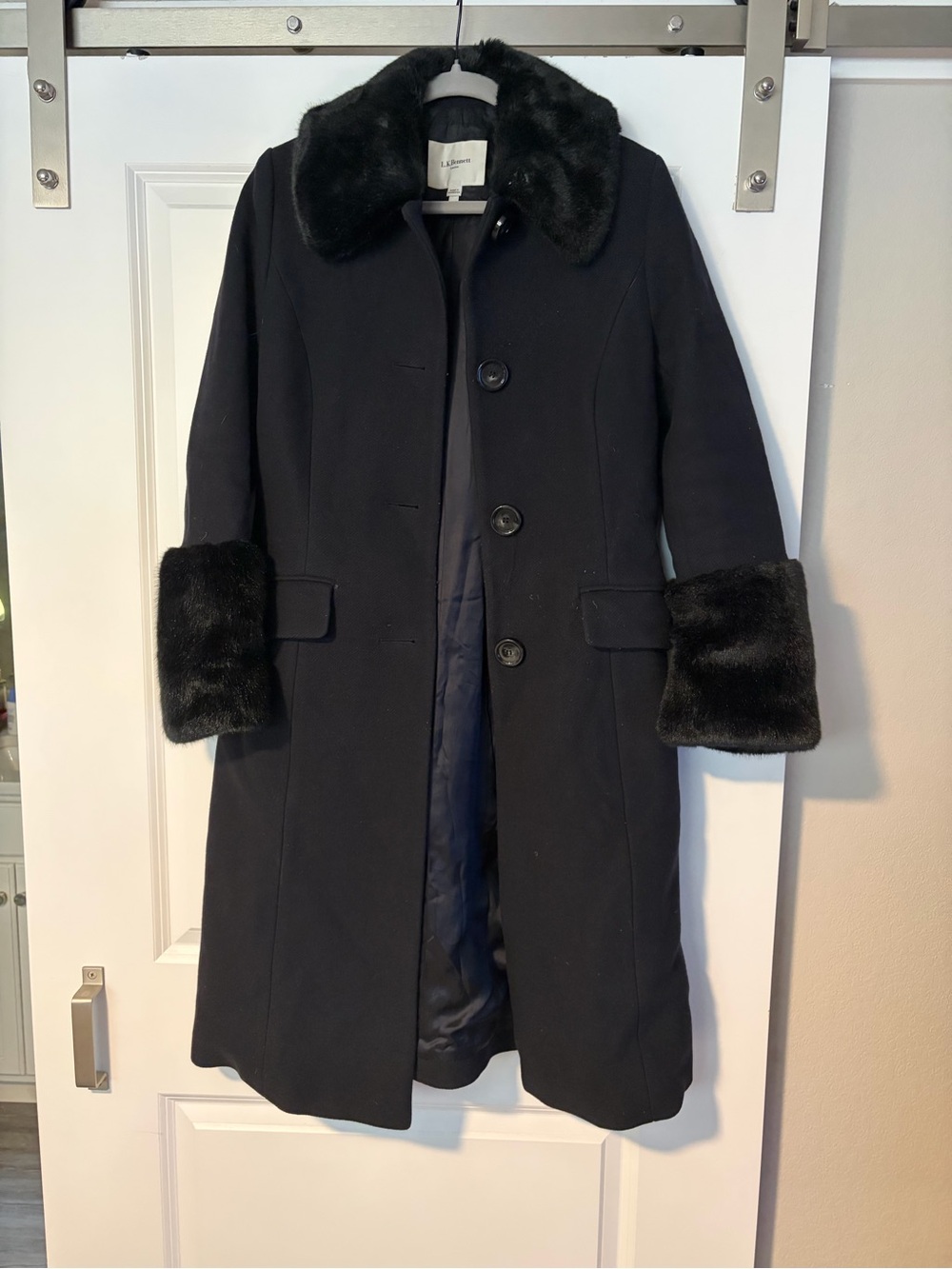 LK Bennett Black Wool-Blend Coat with Faux Fur Trim